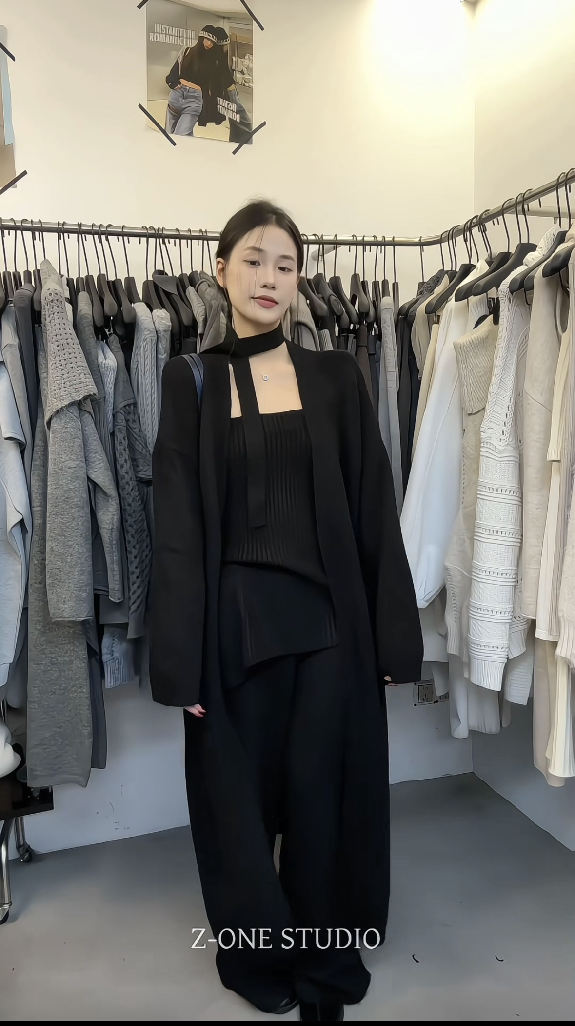 Z-one2025秋装新款针织衫毛衣一整套女阔腿长裤韩风chic三件套装