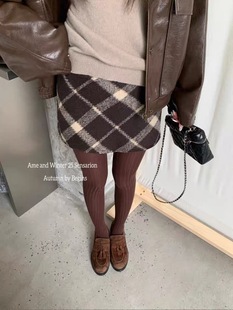 AME2025秋冬新款 设计感加厚双面羊毛高腰显瘦格子半身裙女 韩版