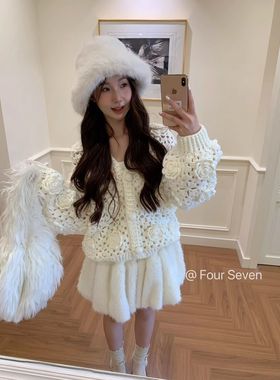 Fourseven纯手工钩织镂空立体玫瑰花朵羊毛针织开衫女V领春秋毛衣