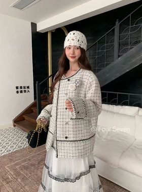 Fourseven2025秋冬新款重工棋盘格鸳鸯扣小香外套黑白格子高端女