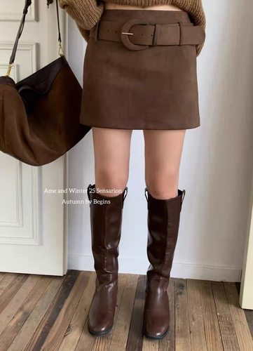 AME2025秋冬新韩版高品质鹿皮绒配皮带高腰显瘦半身裙A字裙包臀裙