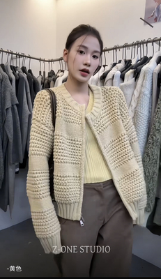 Z-one2025秋冬季新款高级感厚实圆领拉链针织开衫女毛衣外套上衣
