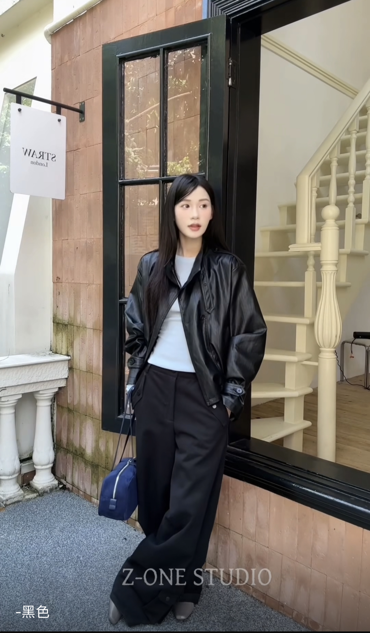 Z-one2025秋装新款黑色廓形皮衣外套时髦减龄复古机车风短款外套