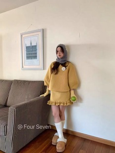 SEVEN 花边短裙套装 2025秋新韩版 上衣 小爱心印花灯笼七分袖 FOUR