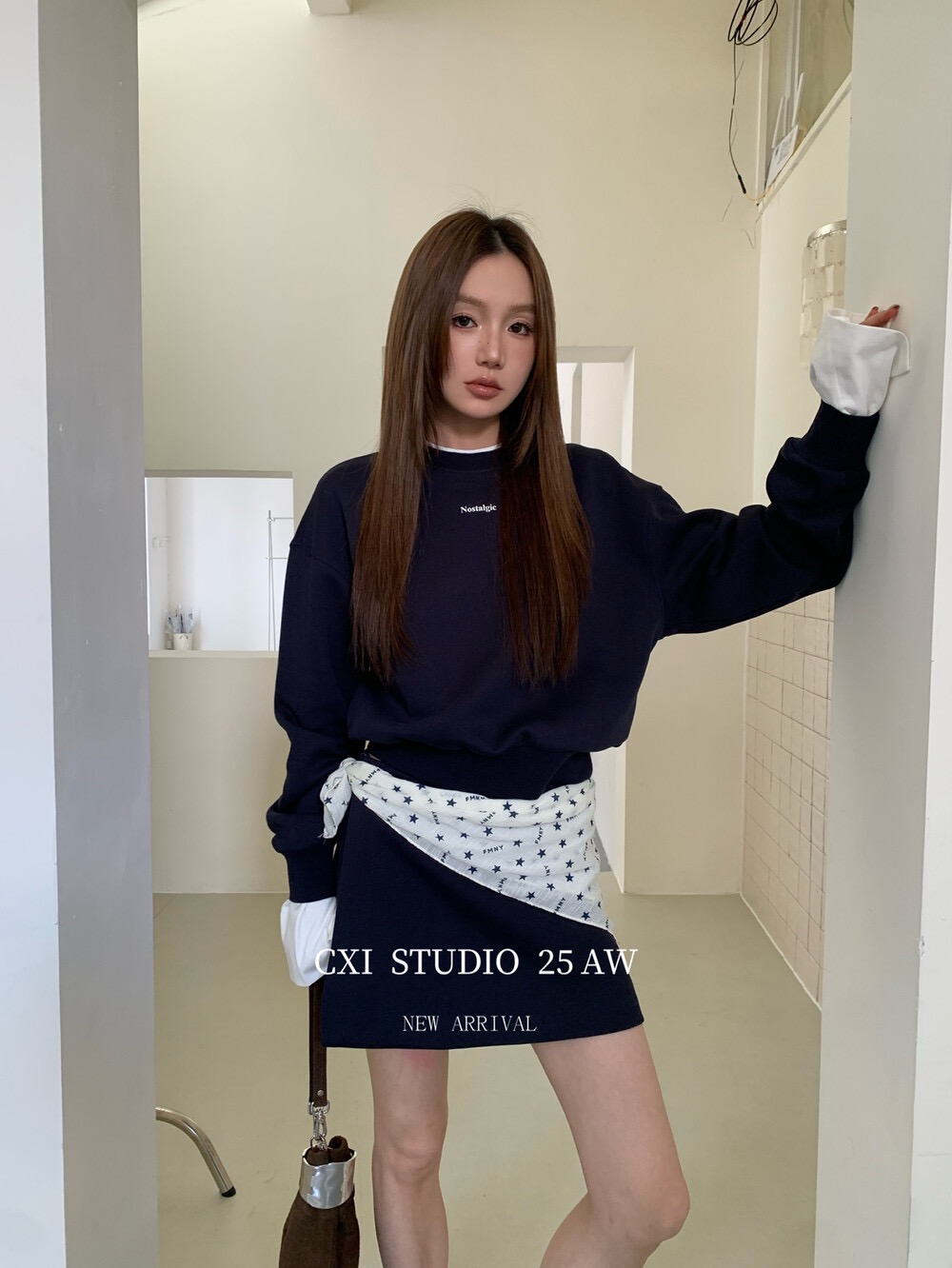 CXI-秋上新慵懒感印花卫衣韩系设计感套装卫衣+半身裙套装85858