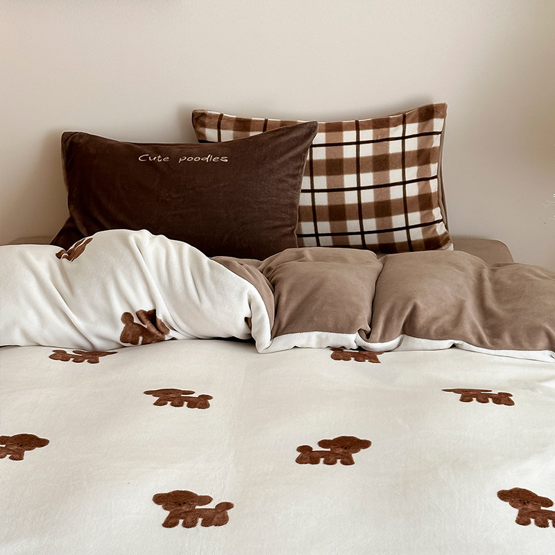 可爱卡通牛奶绒四件套秋冬加绒加厚珊瑚绒学生宿舍被套床单三件套,床上用品,床品套件/四件套/多件套,淘宝优惠券,粉丝福利购,淘宝优惠卷