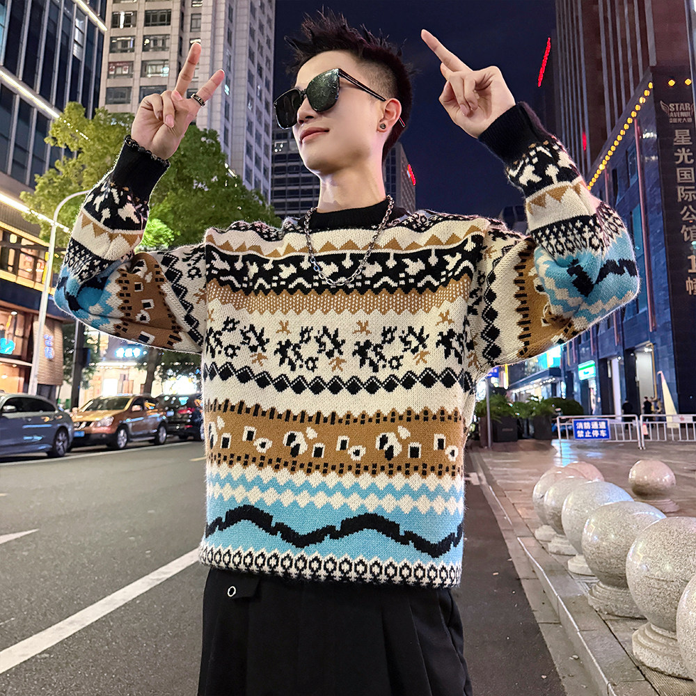 MC205/P78控108民族风毛衣帅气小伙提花撞色针织打底衫男1,男装T恤,电商A256