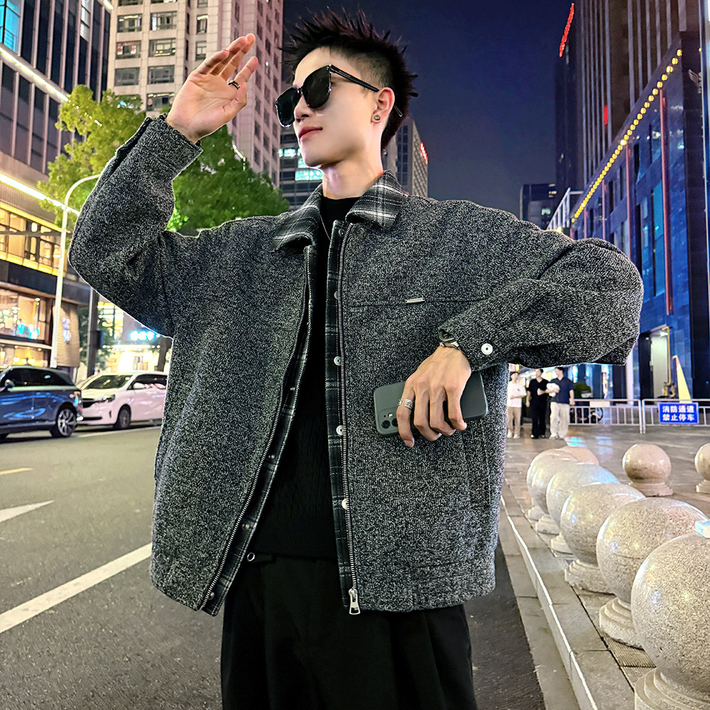 J183/特P158控208 格子假两件花线呢料痞帅小伙外套男2图片
