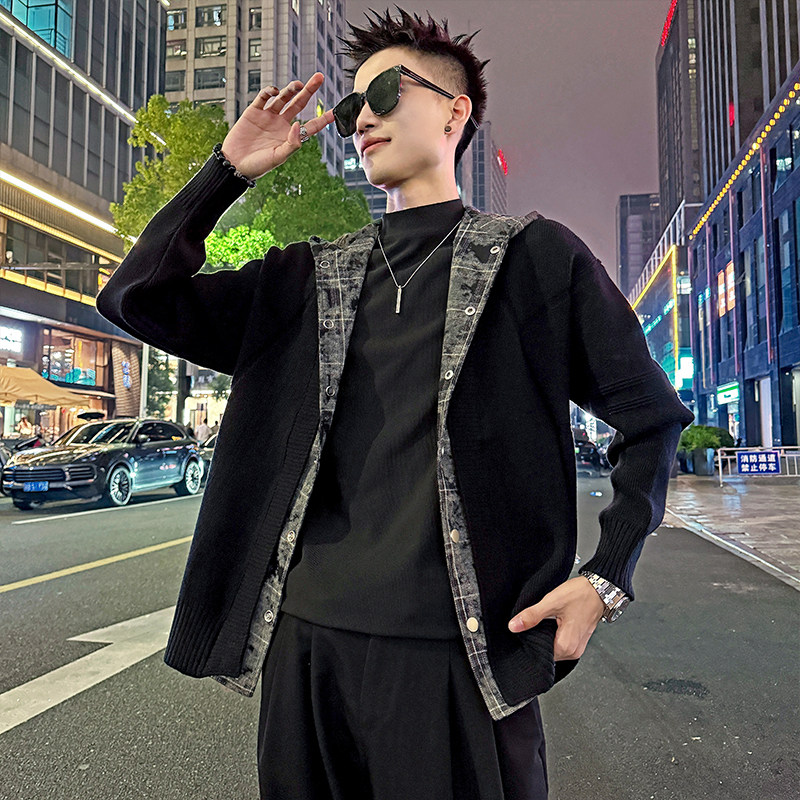 MC200/P110控150毛衣假两件格子带帽开衫针织外套男3,男装针织衫/毛衣,电商A256