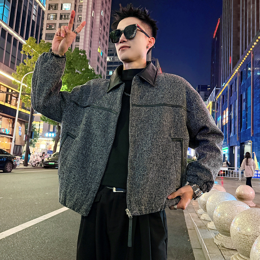 A192/特P158控208皮领压条花灰呢料夹棉结构织带加厚保暖外套男1,男装棉衣,电商A256