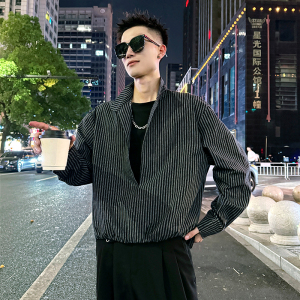 S606/P68控98帅气小伙假两件松紧前短后长条纹衬衫男3图片