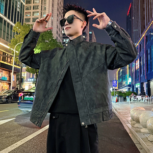 J186加绒/特P158控208插肩袖压条结构加绒暗花皮衣外套男1,白色皮衣冬天怎么搭配图片