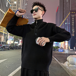 MC221/P98控138假两件连帽扣子拉链立领龙叨叨同款毛衣1，男装针织衫/毛衣，电商A256