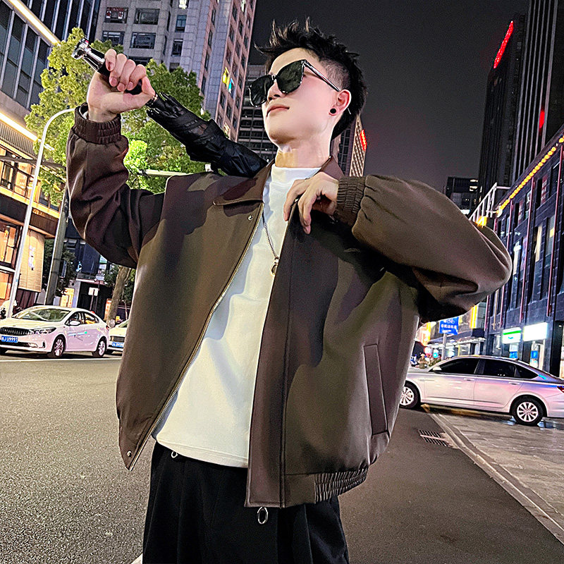J101/P108控148痞帅韩版纯色小短款百搭皮领夹克帅气外套男黑1,男装夹克,电商A256