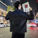 J103/P118控158痞帅小伙牛仔拼接个性明线夹克帅气外套男黑1，男装夹克，电商A256