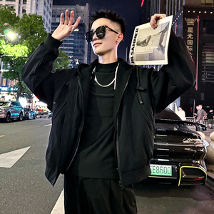 J168/特P148控198假两件拼接带针织帽夹克抽绳小伙酷帅外套男2