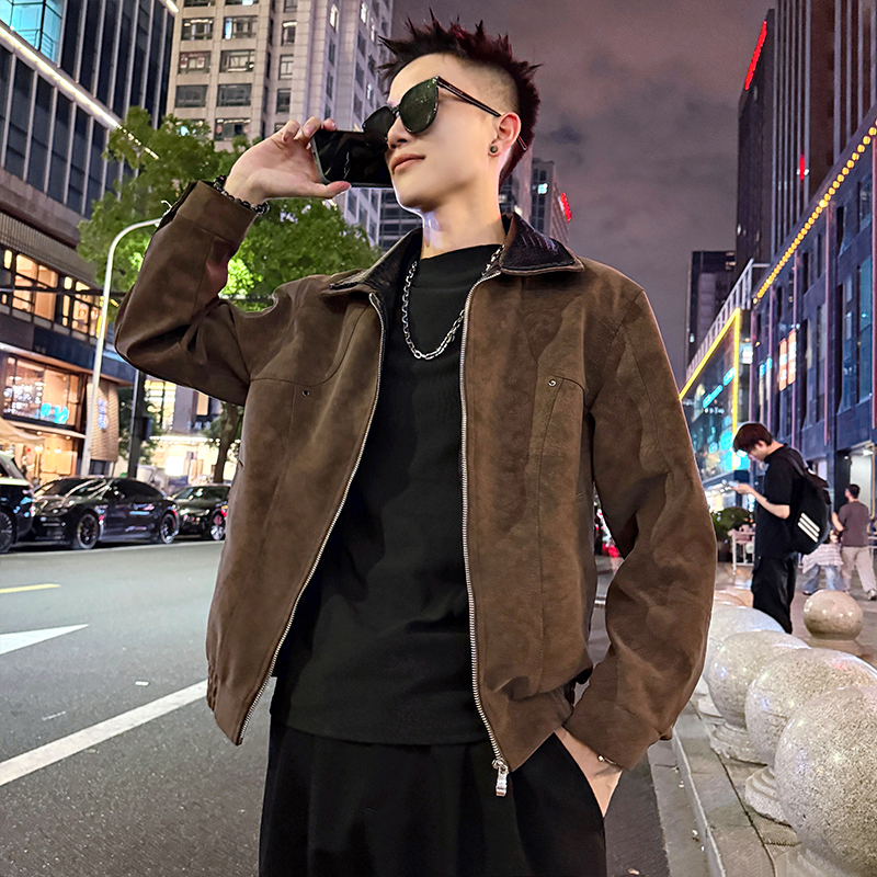 J181/P118控158假两件亮皮领订扣暗纹皮夹克痞帅小伙外套男1，男装夹克，电商A256