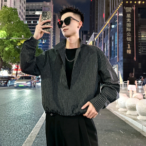 S606/P68控98帅气小伙假两件松紧前短后长条纹衬衫男3图片