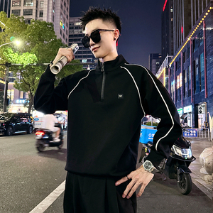 B158加绒/P73 薄款68控98不对称压条半拉链加绒卫衣长袖男1图片