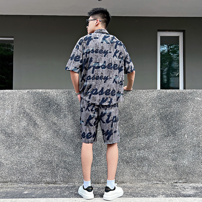 FT12-P98控138烫钻破洞大字母衬衫短裤套装男韩版拼色绿1,男装休闲套装,电商A256