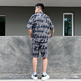 FT12-P98控138烫钻破洞大字母衬衫短裤套装男韩版拼色绿1，男装休闲套装，电商A256