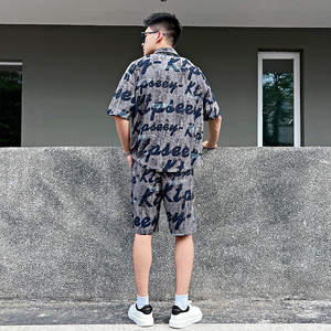 FT12-P98控138烫钻破洞大字母衬衫短裤套装男韩版拼色绿1图片