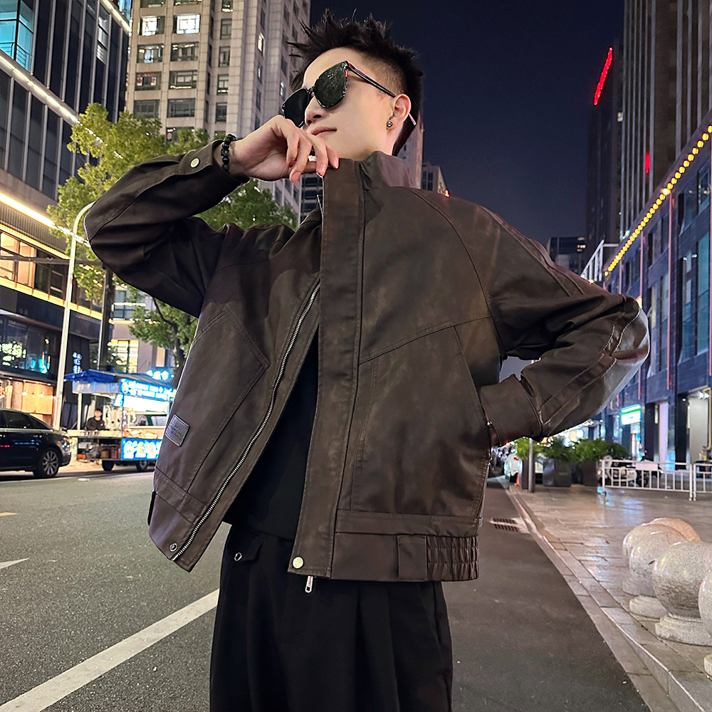 J186加绒/特P158控208插肩袖压条结构加绒暗花皮衣外套男1,男装皮衣,电商A256