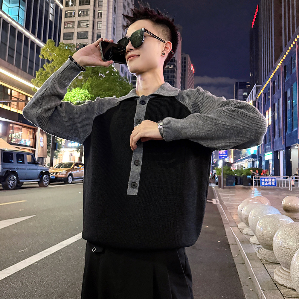 MC203/P88控118插肩袖排扣毛衣帅气个性撞色针织打底衫男3,男装T恤,电商A256
