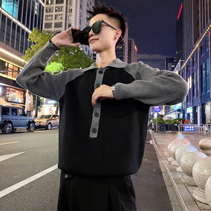 MC203/P88控118插肩袖排扣毛衣帅气个性撞色针织打底衫男3图片