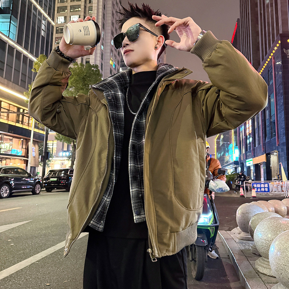 A210/P158控208假两件格子棉衣上衣外套男3，男装棉衣，电商A256