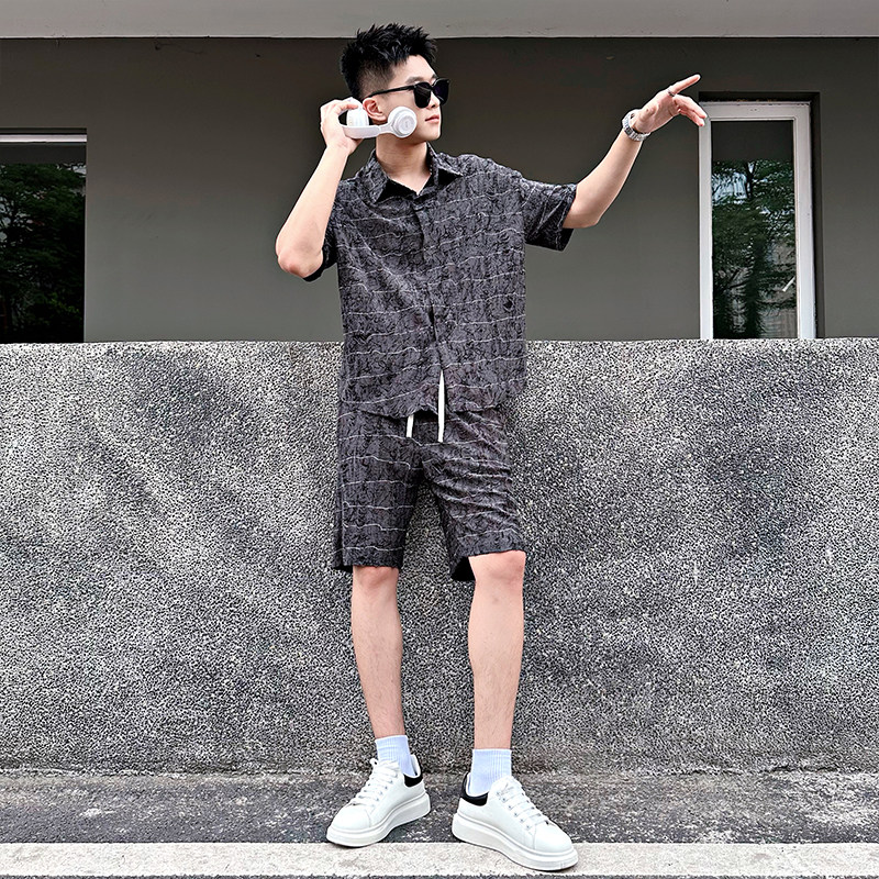 FT13-P98控138破洞条纹衬衫短裤套装男白2,男装休闲套装,电商A256