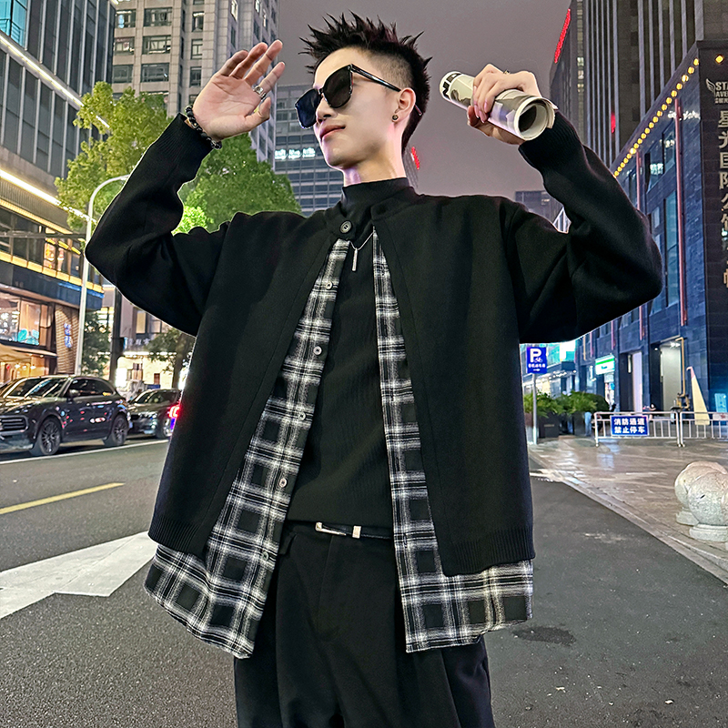 MC199/P110控150简约毛衣假两件格子内衬开衫针织外套男2，男装针织衫/毛衣，电商A256