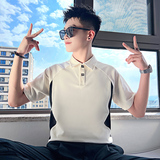 T213-P68控98翻领装饰扣拼接撞色POLO衫短袖T恤米白2，男装T恤，电商A256