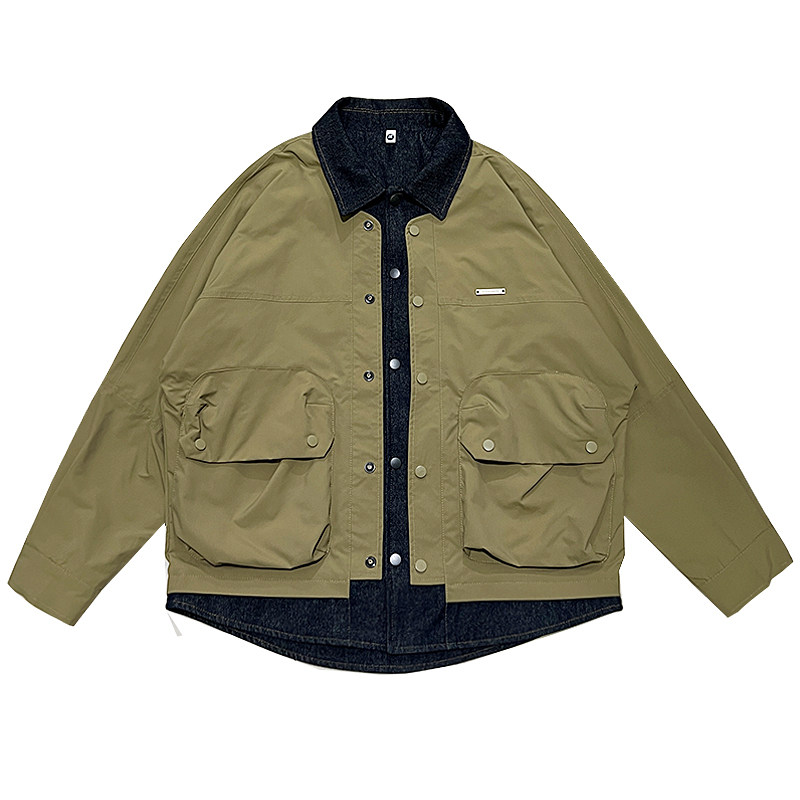 J165/特P135控185潮牌牛仔拼接假两件工装帅气小伙上衣夹克2,男装夹克,电商A256