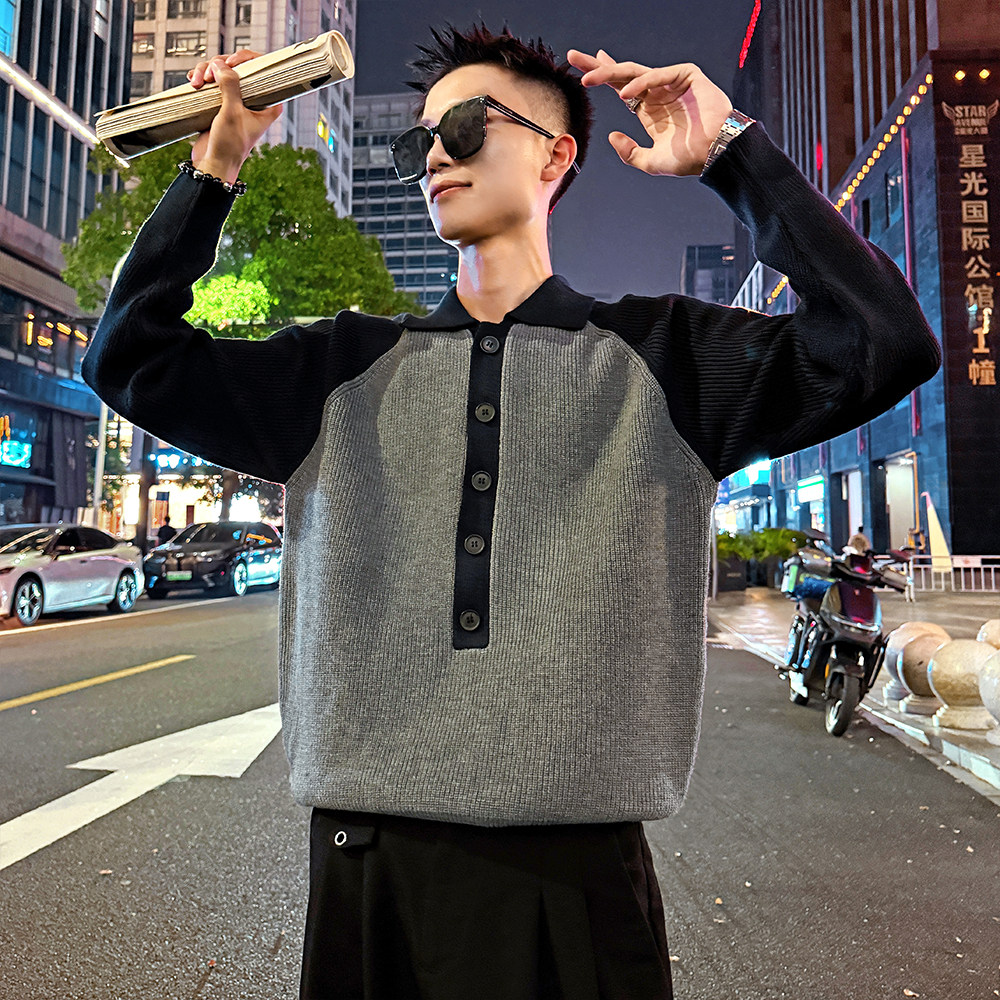 MC203/P88控118插肩袖排扣毛衣帅气个性撞色针织打底衫男4,男装T恤,电商A256