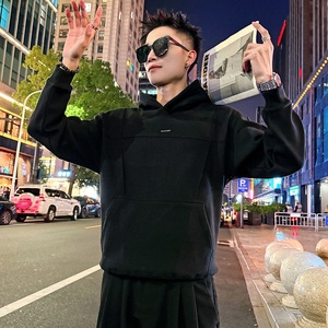 B171加绒/P88控118 连帽压皱袋鼠兜加绒卫衣男1图片