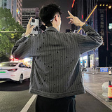 J102/特P88控118痞帅小伙镂空竖条纹烫钻个性夹克帅气外套男灰1，男装夹克，电商A256