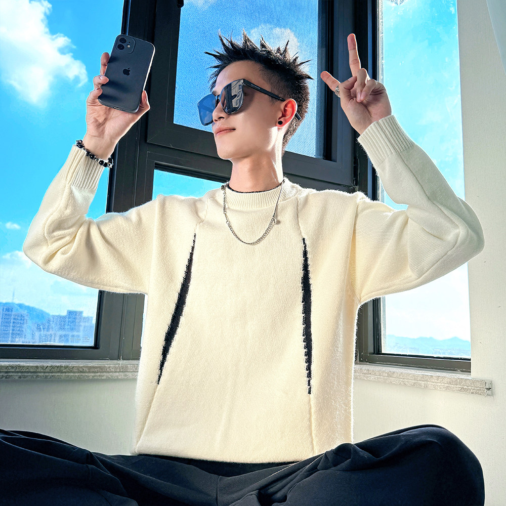 MC208/P88控118撞色假两件双领毛衣帅气小伙针织打底衫男4图片