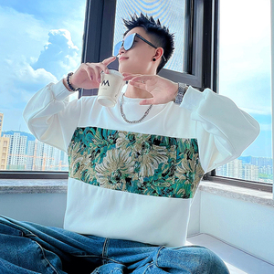 B72/P58控78青少年春秋拼接撞色个性帅气卫衣长袖套头圆领男黑图片