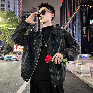 J106/P108控148韩版痞帅小伙个性撒银竖条纹夹克帅气外套男黑2图片