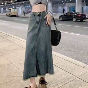 鱼尾牛仔半身裙春季 A字裙毛边伞裙女 新款 复古高腰遮胯显瘦中长款