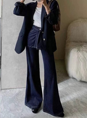 假两件深蓝色牛仔裤女夏季2025年新款高腰显瘦设计感阔腿喇叭裤子