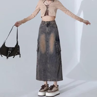 美式工装牛仔半身裙女复古高腰显瘦后开叉设计感中长款包臀a字裙