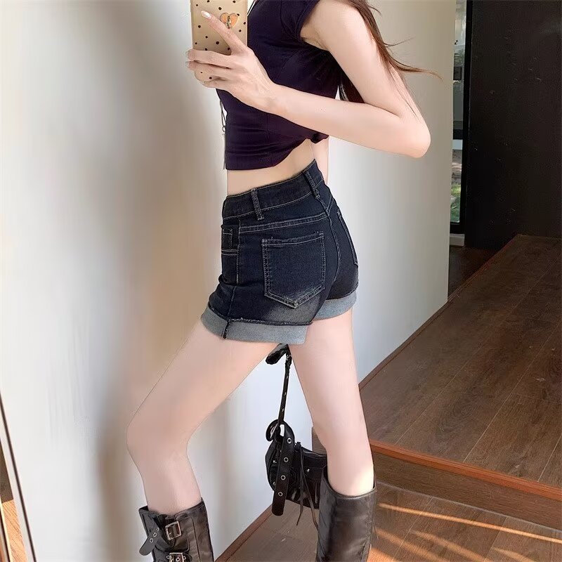 辣妹复古深蓝色卷边牛仔短裤女2025年新款夏季小个子修身显瘦热裤