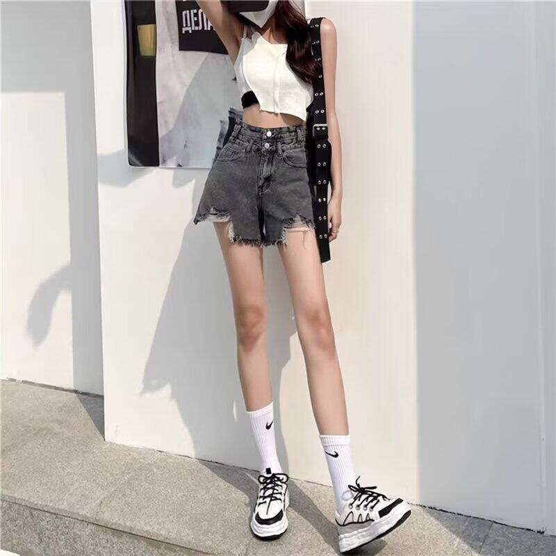 破洞黑灰色高腰牛仔短裤女夏季新款大码胖mm宽松显瘦a字阔腿热裤
