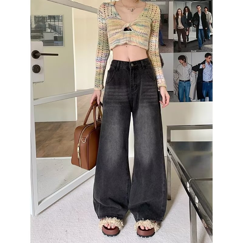 新款港味复古做旧水洗直筒牛仔裤女秋季高腰宽松百搭长裤子潮流潮