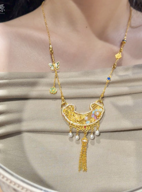凤穿牡丹流苏吊坠金店同款螺钿凤凰项链新中式珐琅彩毛衣链国潮风
