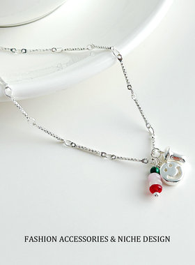 韩系笑脸蘑菇撞色串珠吊坠项链女ins小众天然石高级感锁骨链颈链