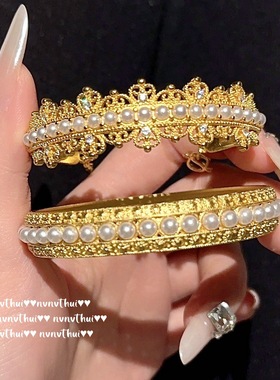 Nvnvthui蕾丝蜂巢花瓣珍珠手镯 镀18K金 皇冠珍珠锆石手镯 叠戴