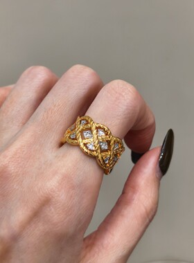 老钱风~点钻金色镂空菱格戒指女复古小众高级感精致气质中古指环